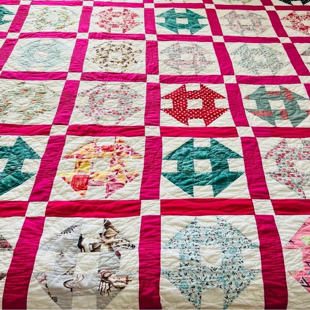 68”x86” Vintage from 1960’s Cotton Handmade and Hand Stitched Quilt.